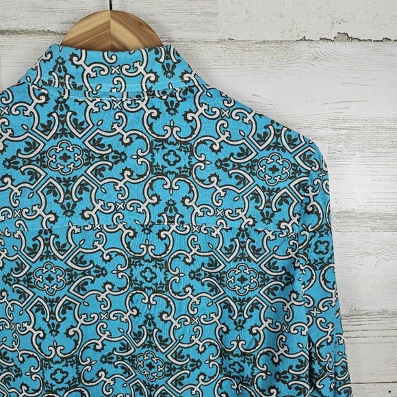 Tommy Bahama Turquoise Cotton Button Up Shirt Blue Boho Coastal Resortwear M - Picture 11 of 16